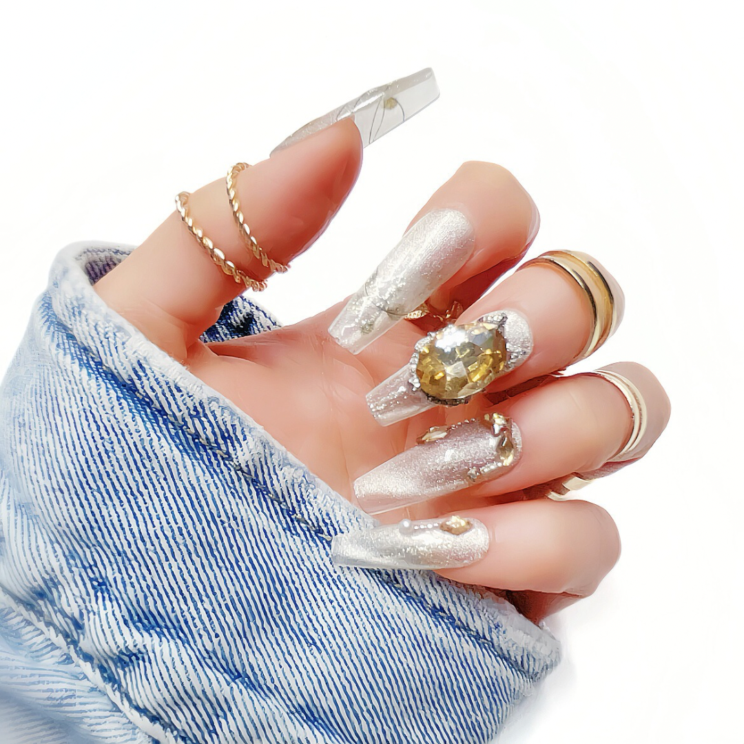 Luxury Moon Night Yellow Rhinestone Cat Eyes Handmade Press on Nails 🖤 Long Coffin