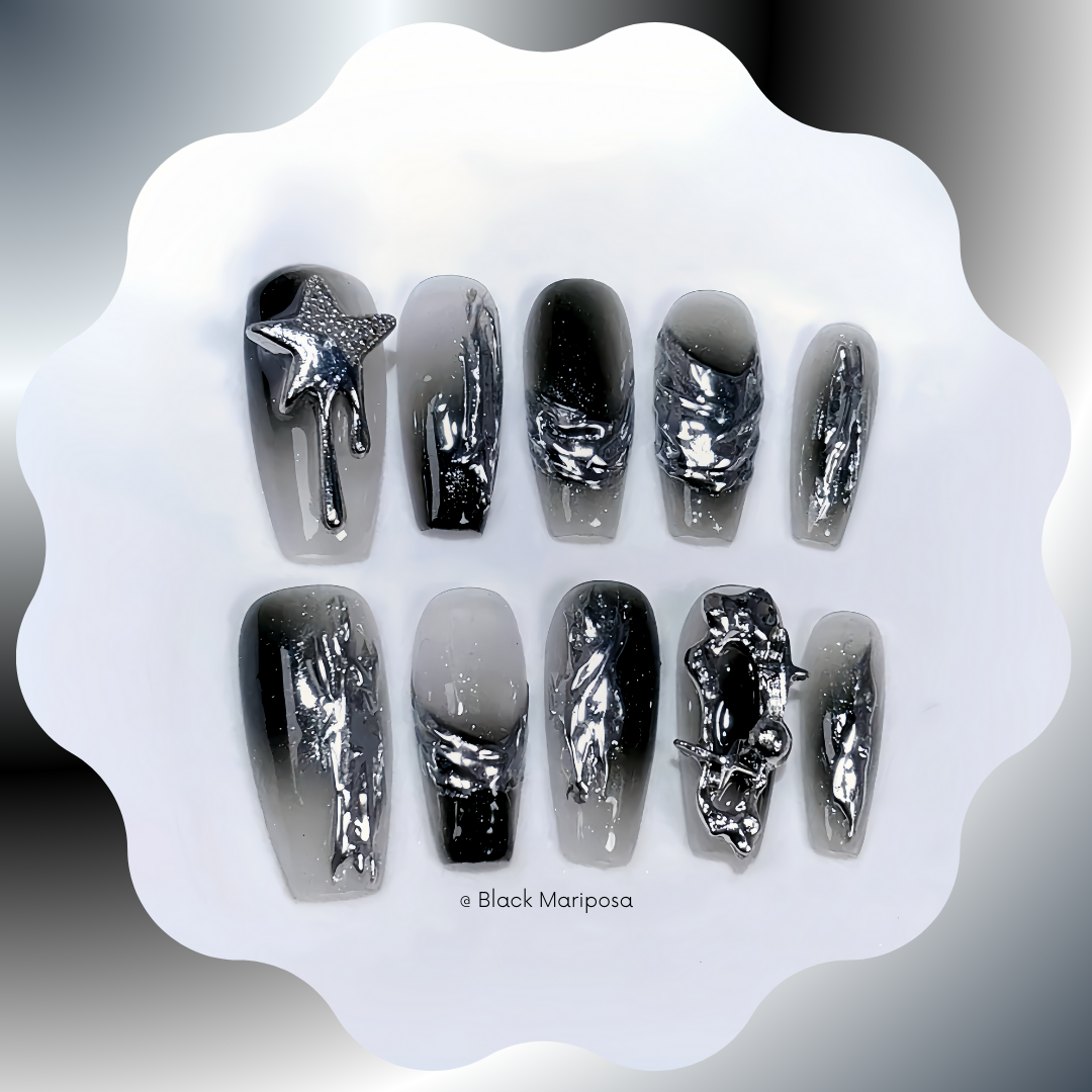 Black Mariposa Handmade Press-On Nail 🖤 Medium Coffin