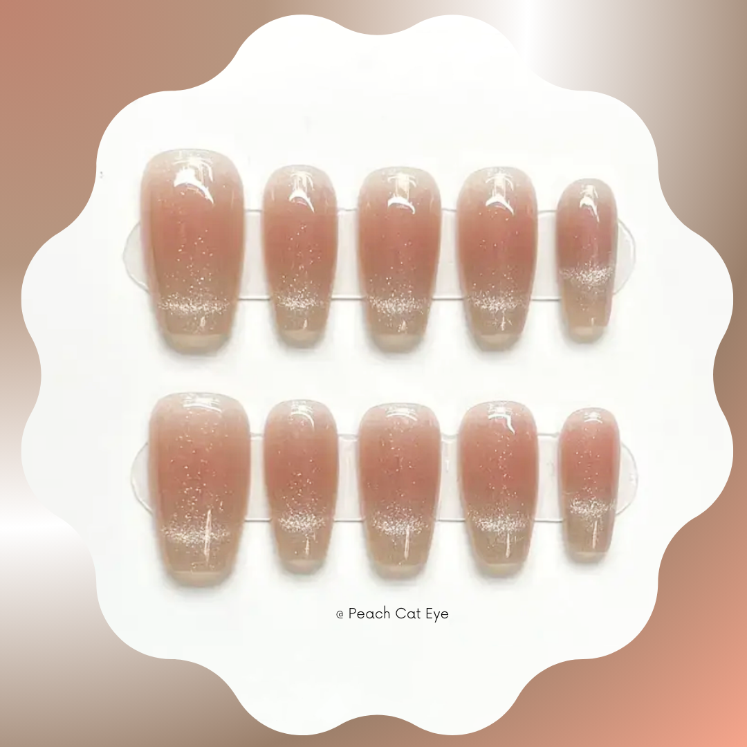 Peach Cat Eye Handmade Press On Nails 🖤 Medium Coffin