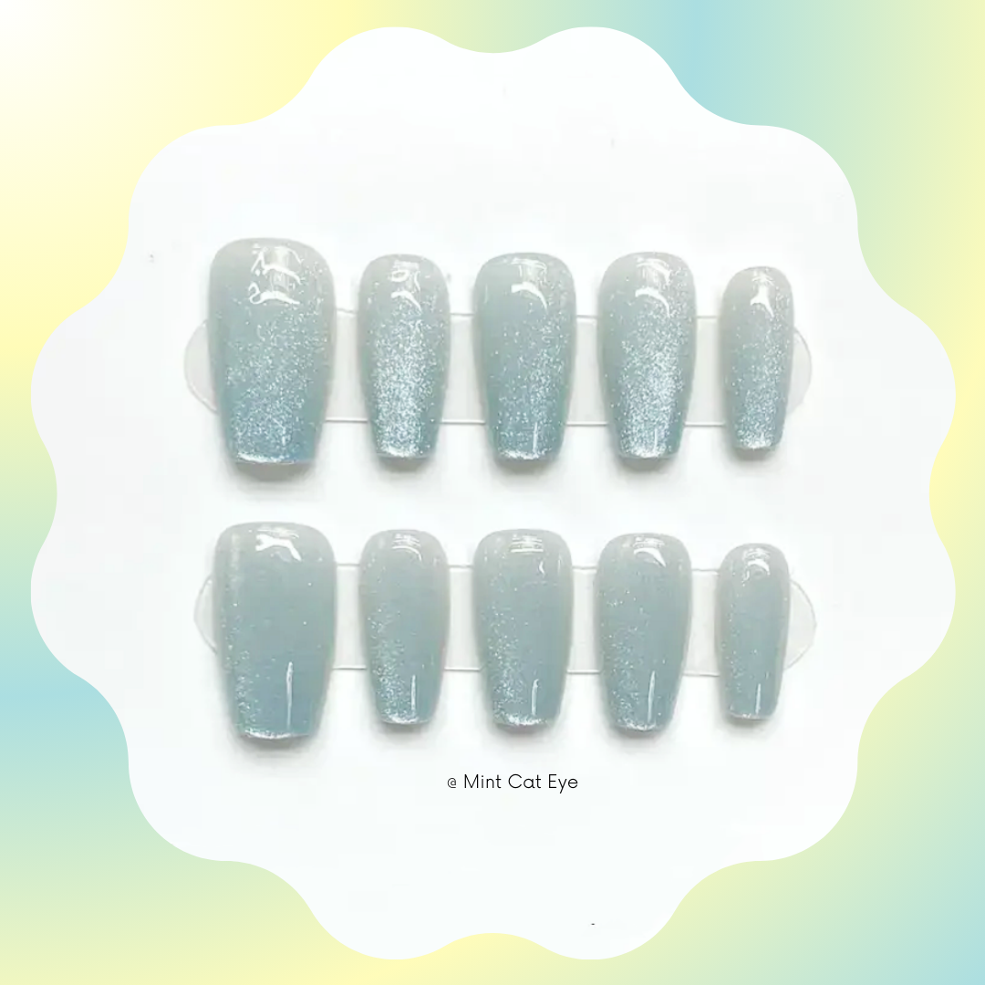 Mint Hue Cat Eye Handmade Press on Nails π€ Medium Coffin