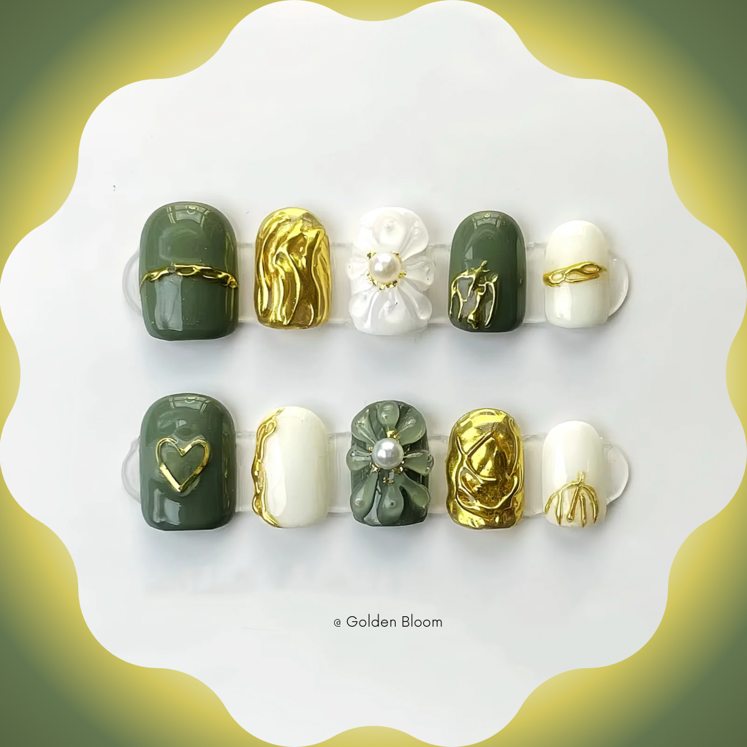 Golden Bloom Handmade Press-On Nailsđź–¤Short Square