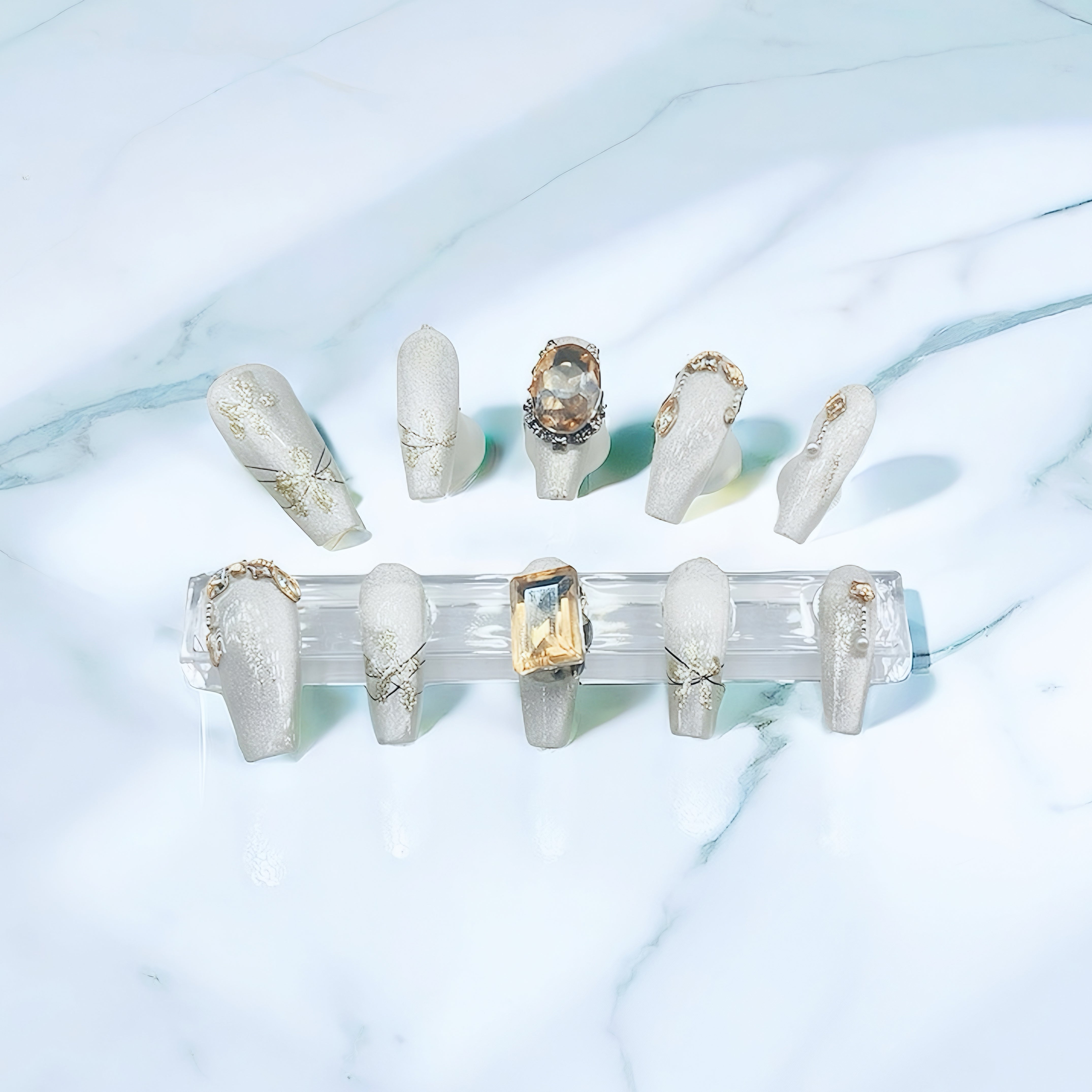 Luxury Moon Night Yellow Rhinestone Cat Eyes Handmade Press on Nails 🖤 Long Coffin