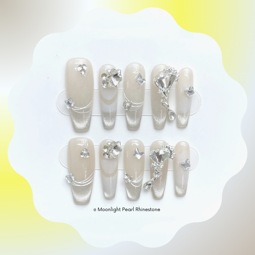 Moonlight Pearl Rhinestone Handmade Press-On Nail π€ Long Coffin