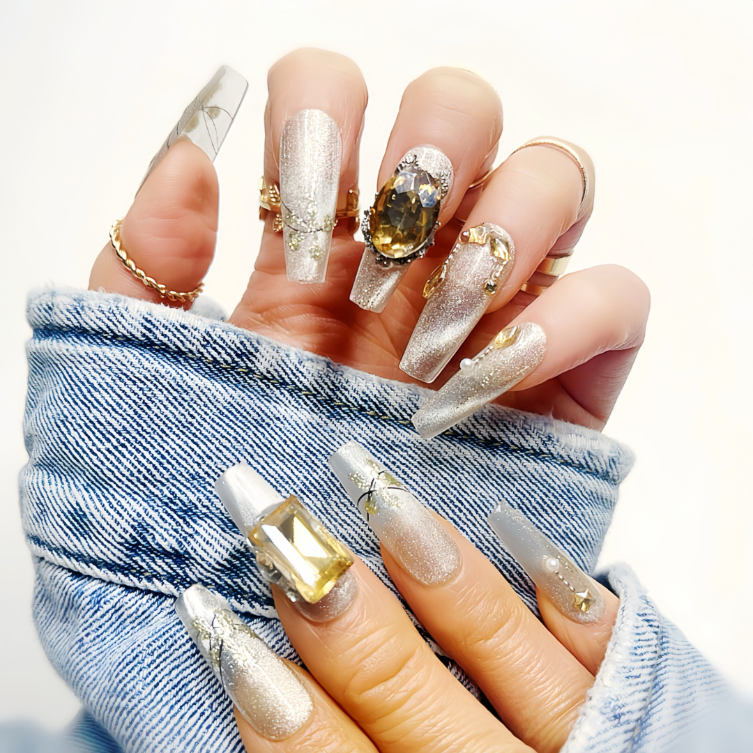 Luxury Moon Night Yellow Rhinestone Cat Eyes Handmade Press on Nails 🖤 Long Coffin