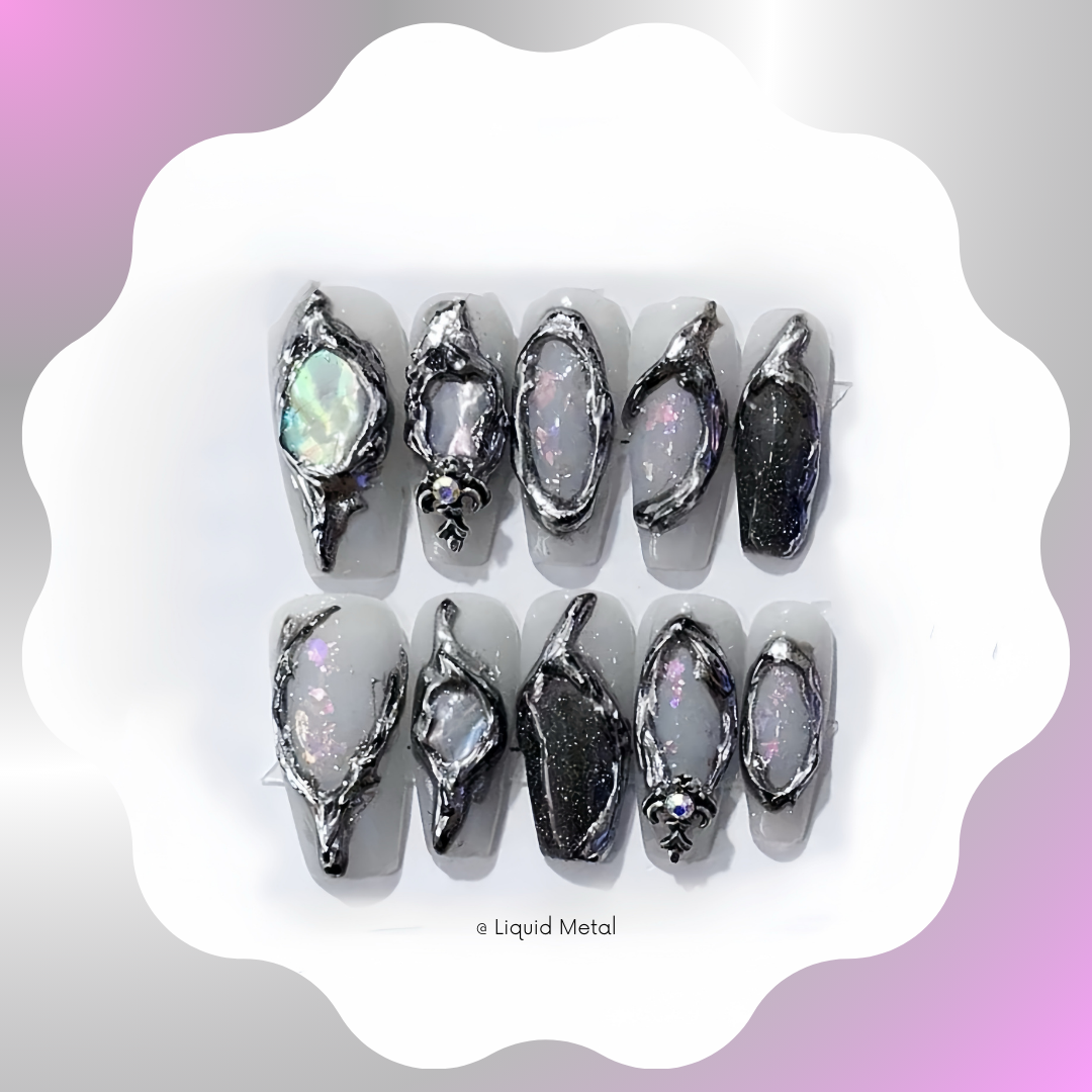 Liquid Metal Handmade Press-on Nail 🖤 Medium Coffin