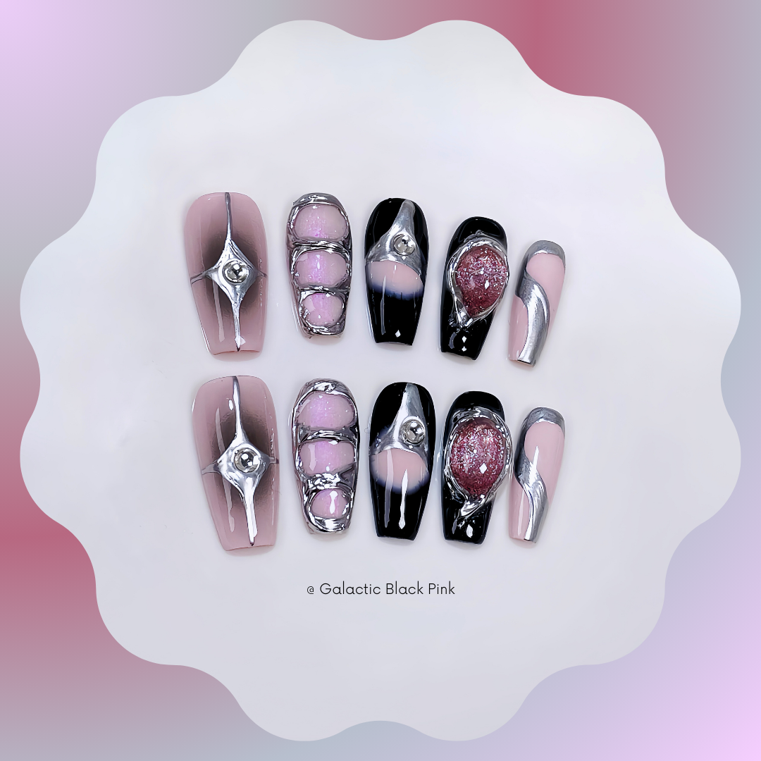 Galactic Black Pink Handmade Press-On Nail 🖤 Medium Coffin