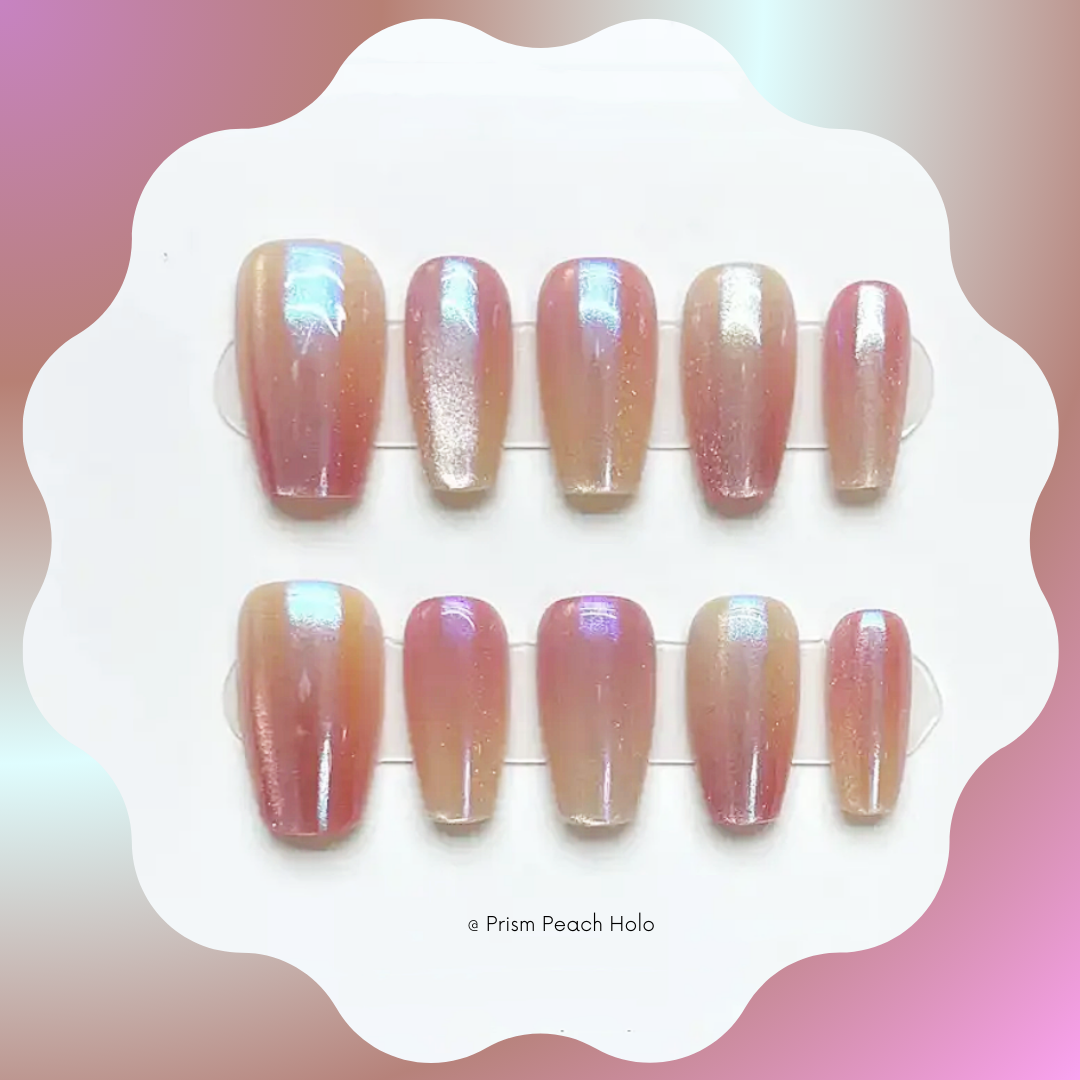 Prism Peach Holo Handmade Press On Nails 🖤 Medium Coffin