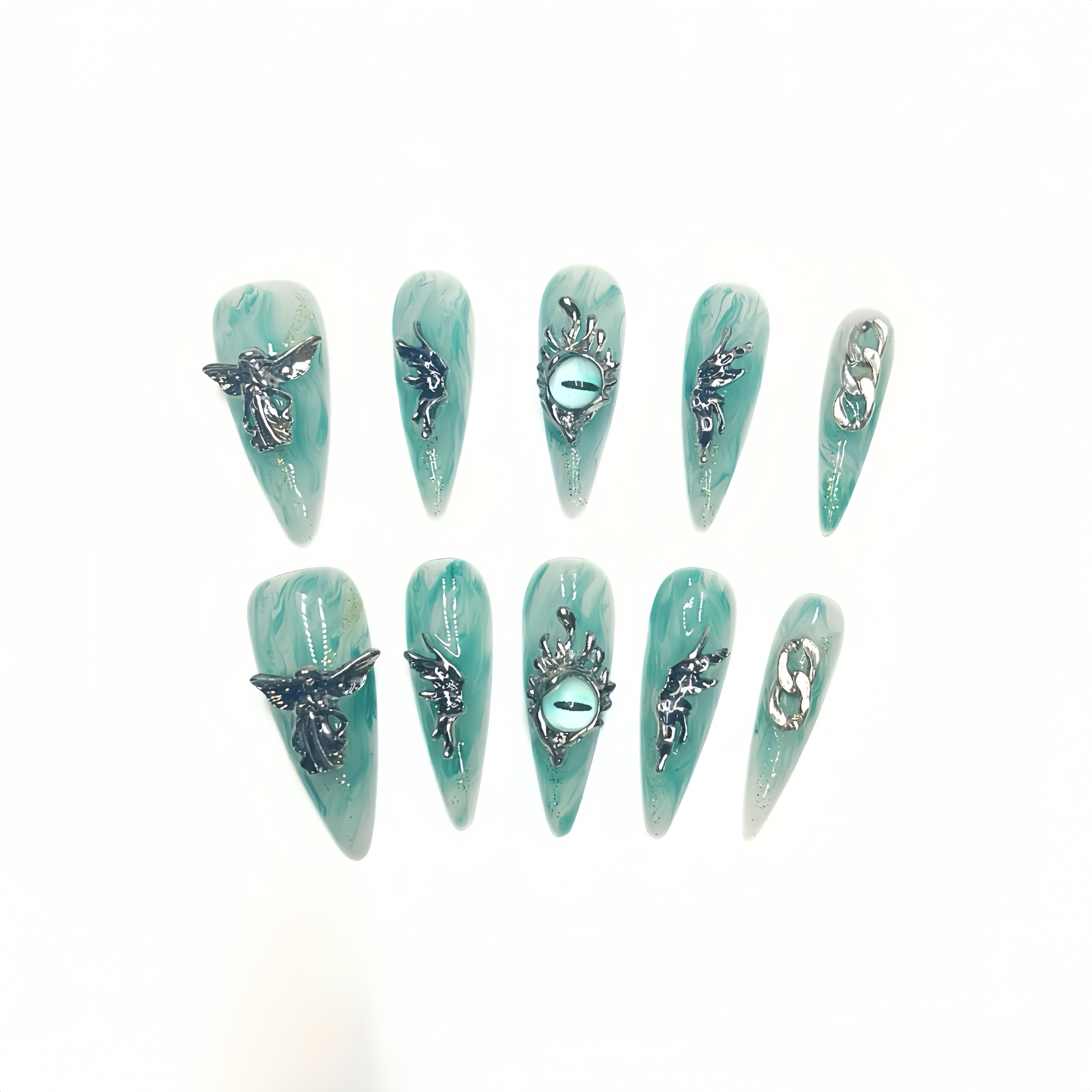 Marble Green Angel Eye Handmade Press On Nails 🖤 Long Almond
