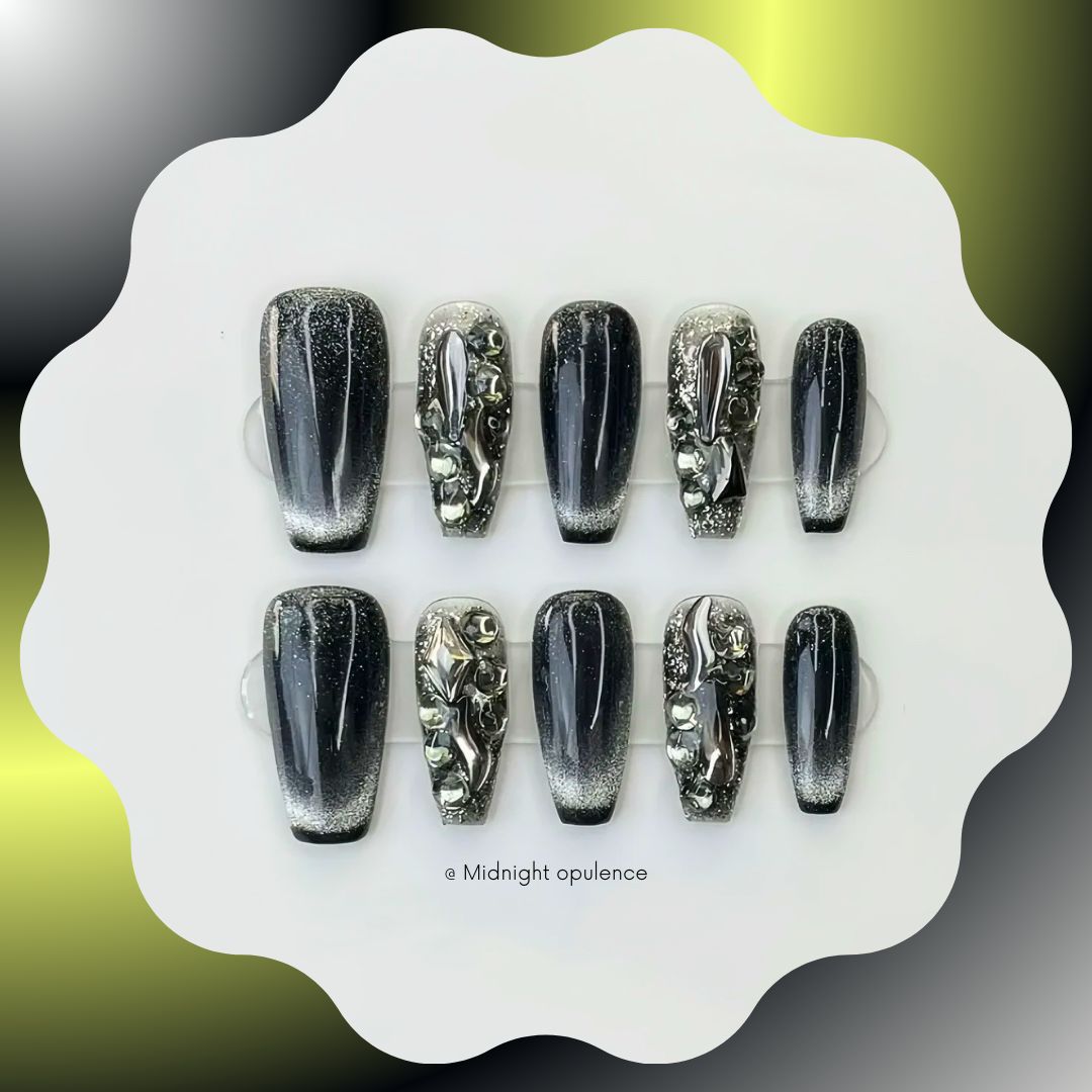 Black Mariposa Handmade Press-On Nail 🖤 Medium Coffin