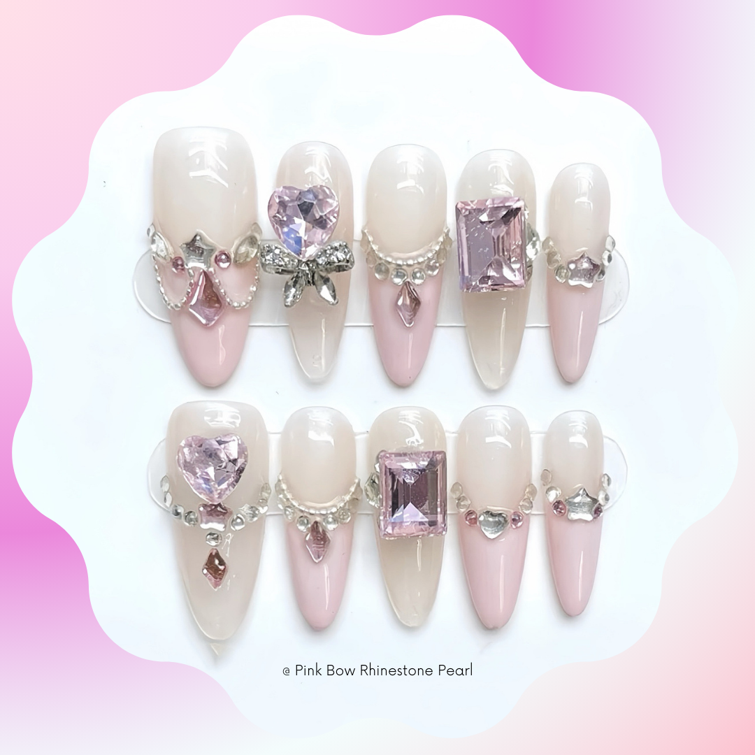 Pink Bow Rhinestone Pearl Handmade Press On Nails 🖤 Long Almond