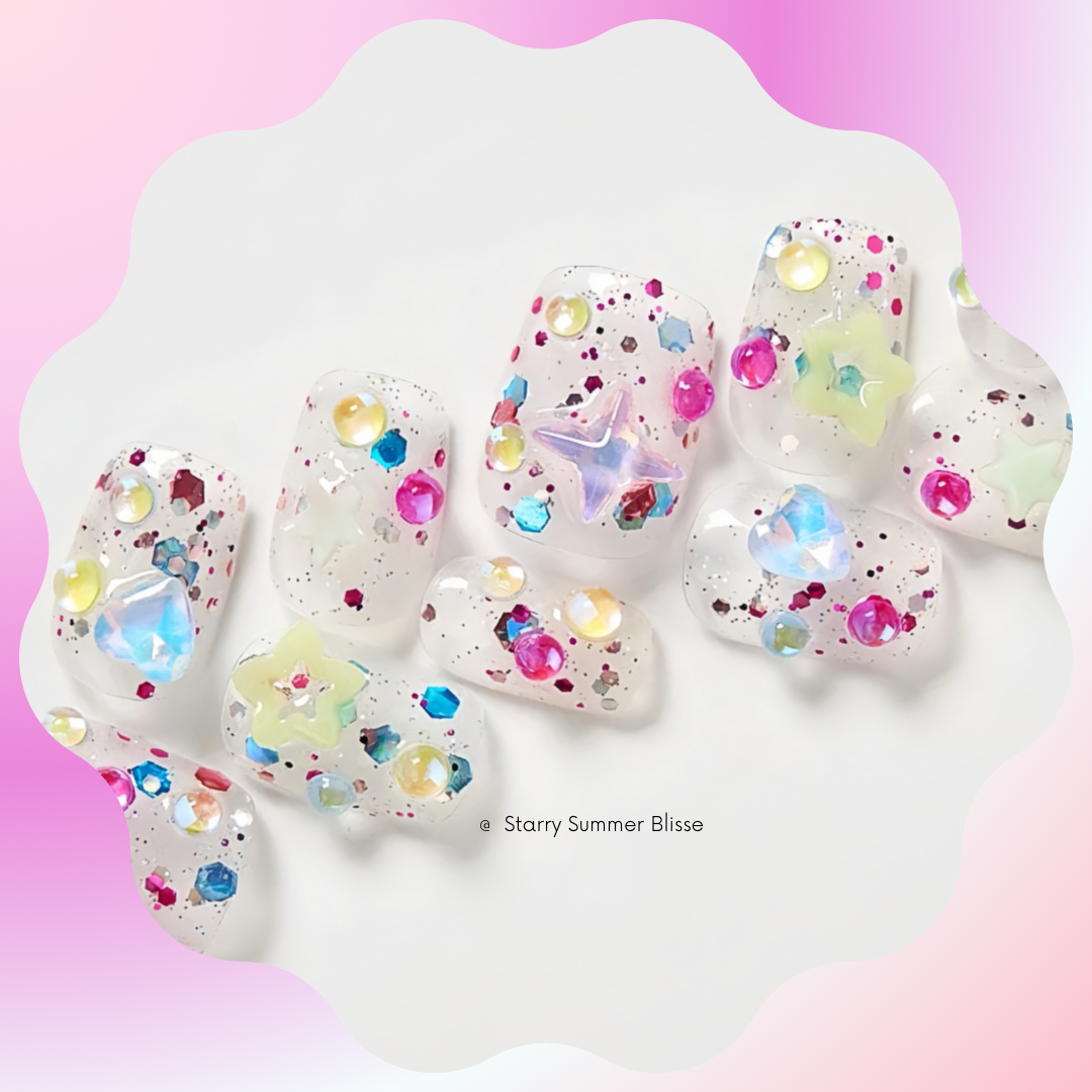 Starry Summer Bliss Handmade Press-On Nails🖤Short Square