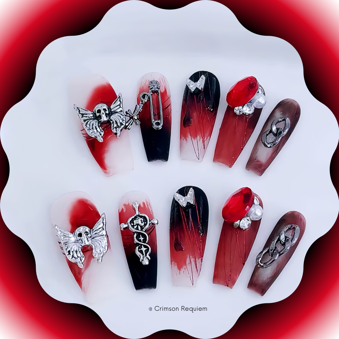 Crimson Requiem Handmade Press-on Nails 🖤 Long Coffin