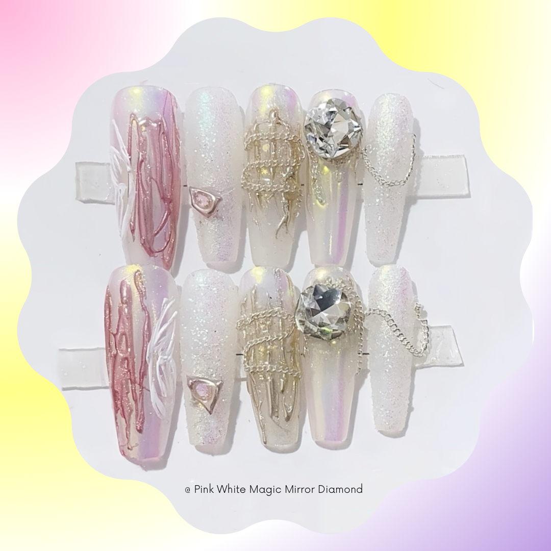 Pink White Magic Mirror Diamond Handmade Press-On Nails 🖤 Long Coffin