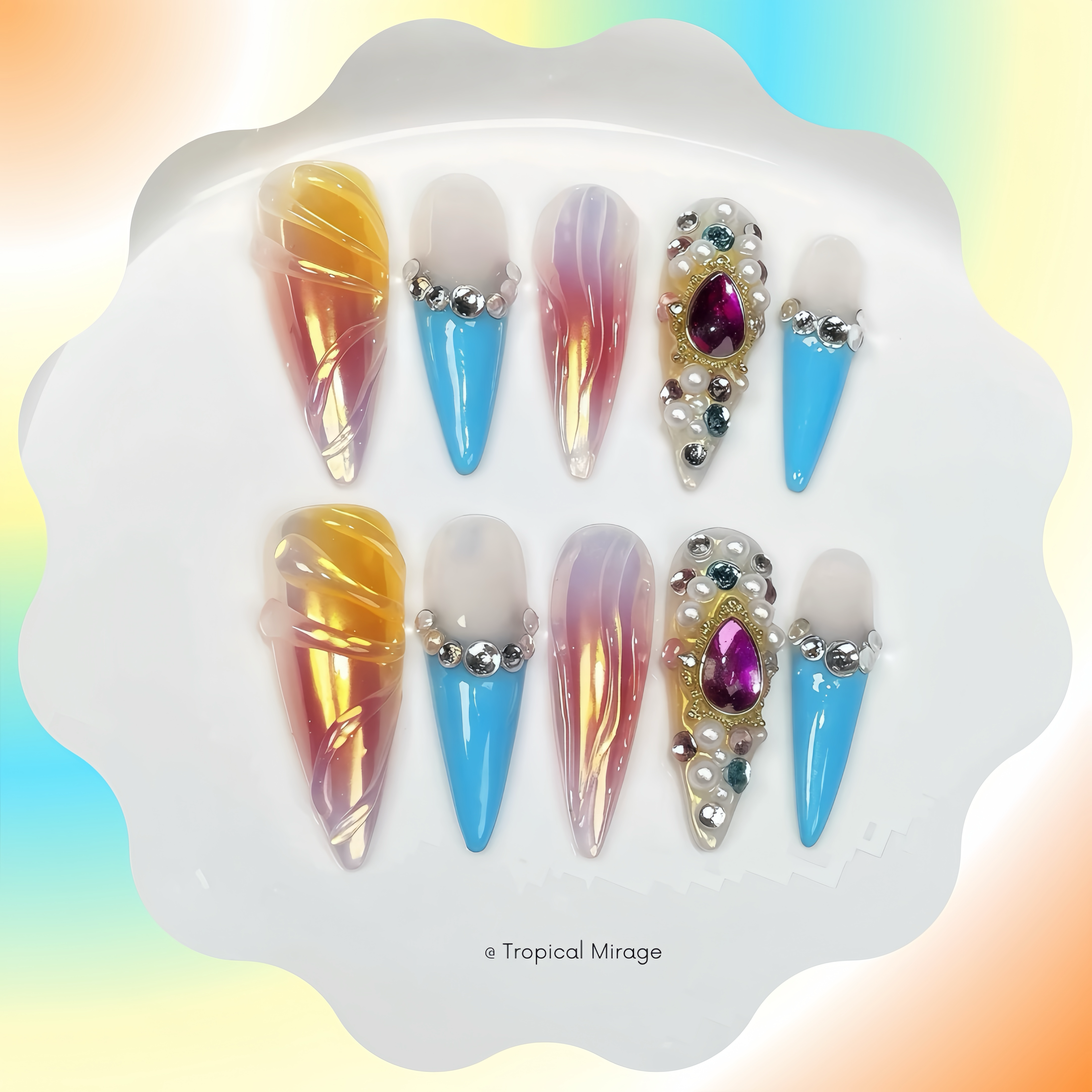 Tropical Mirage Handmade Press-on Nails 🖤 Long Almond