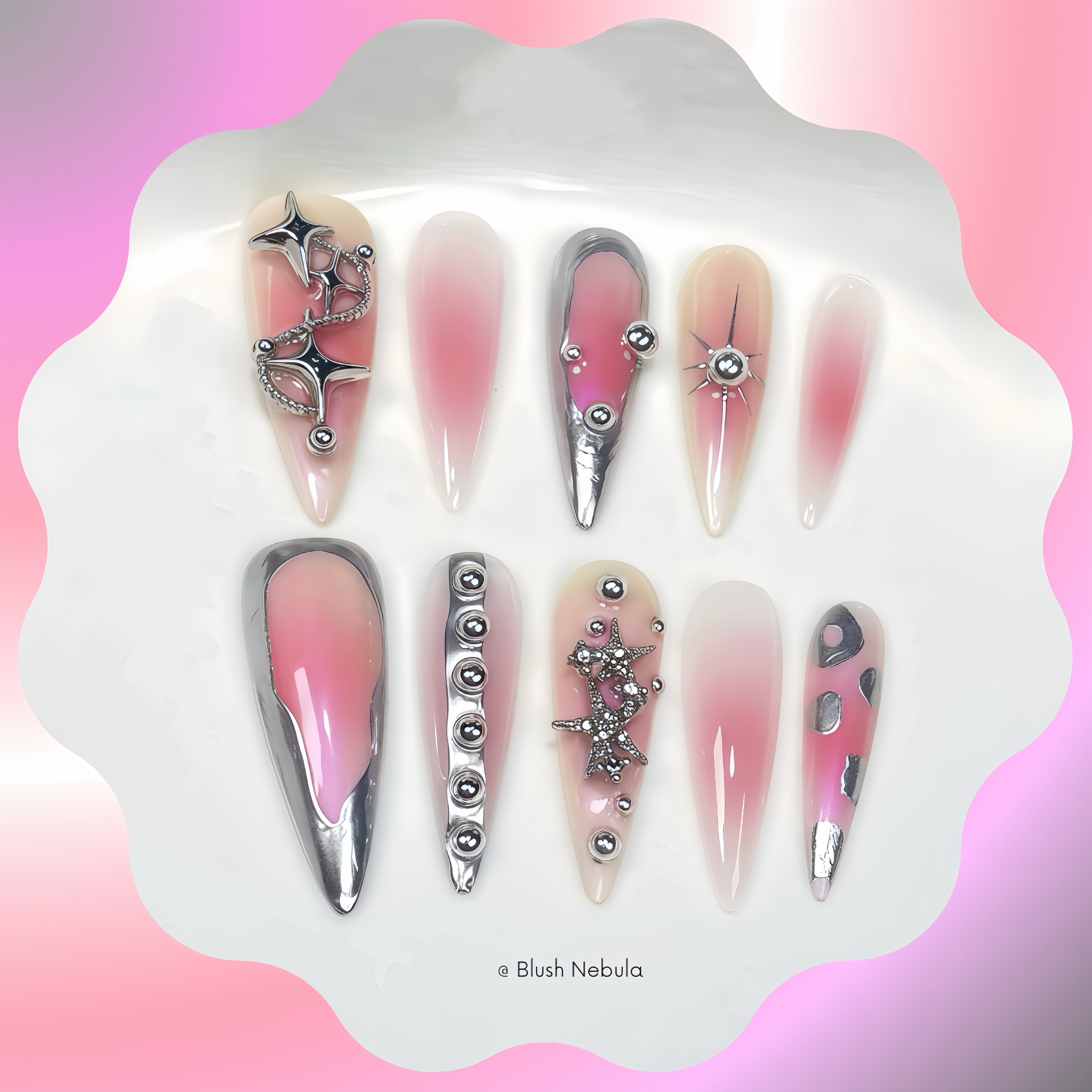 Pink White Magic Mirror Diamond Handmade Press-On Nails 🖤 Long Coffin