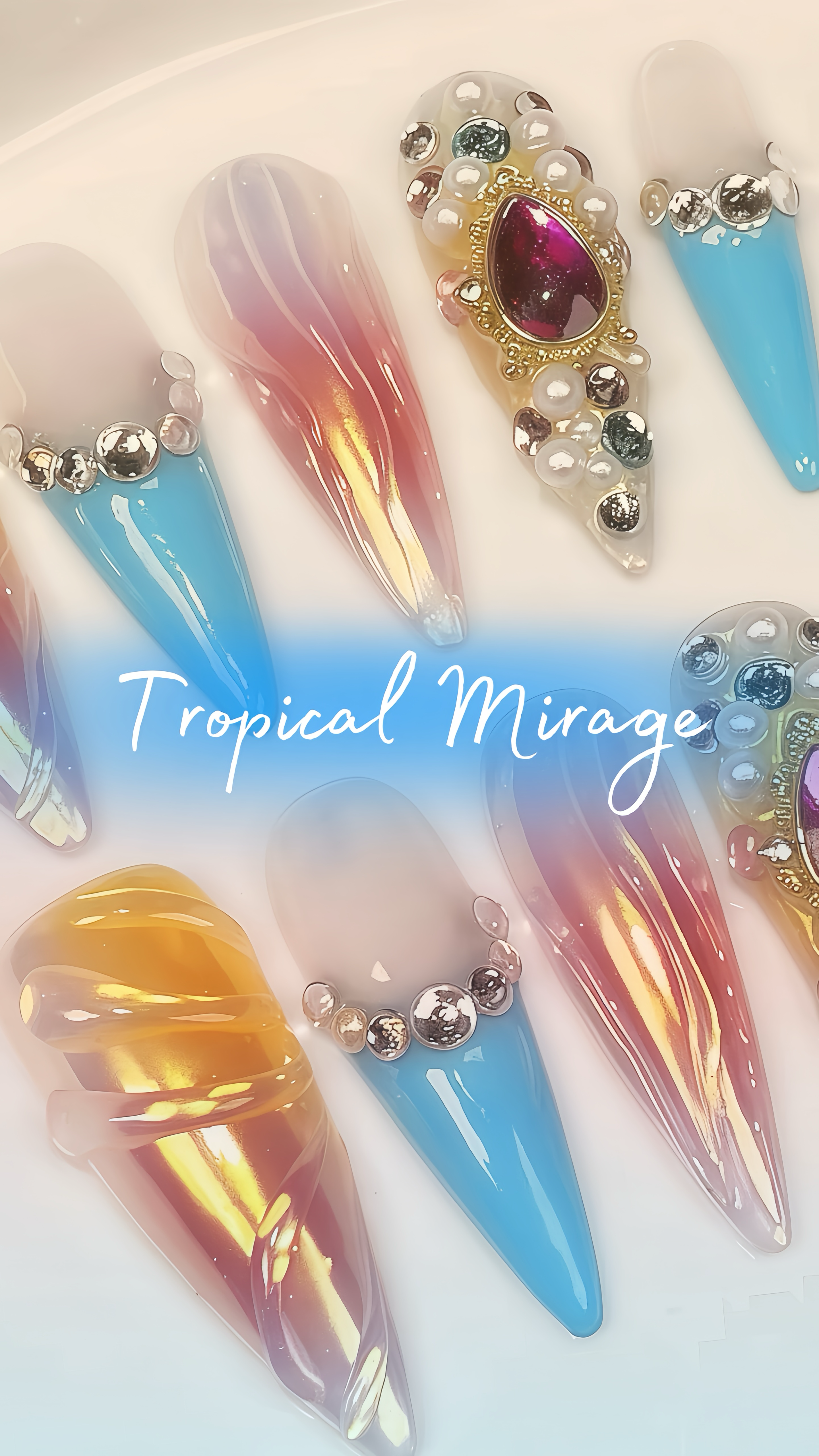 Tropical Mirage Handmade Press-on Nails 🖤 Long Almond