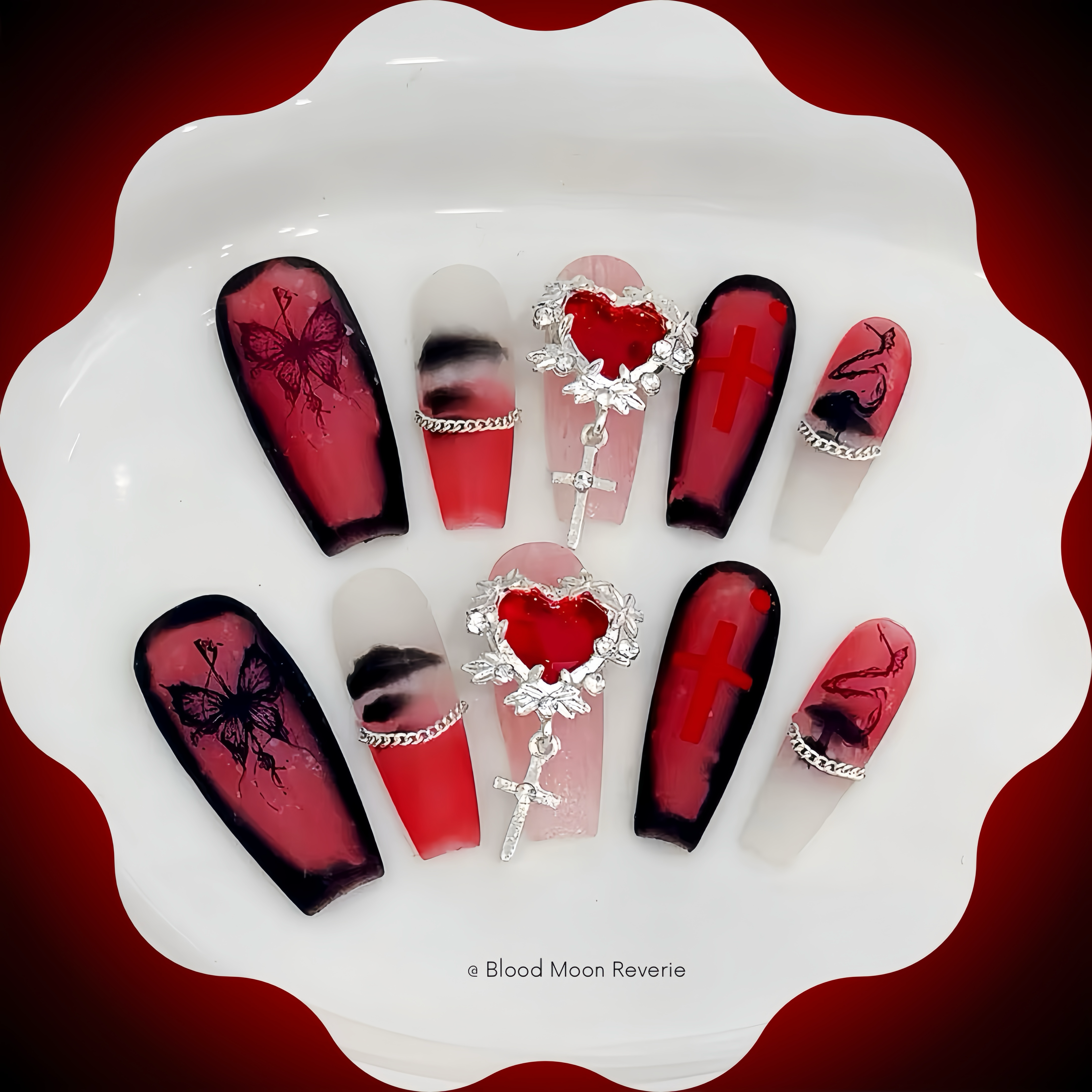 Blood Moon Reverie Handmade Press-on Nails 🖤 Long Coffin