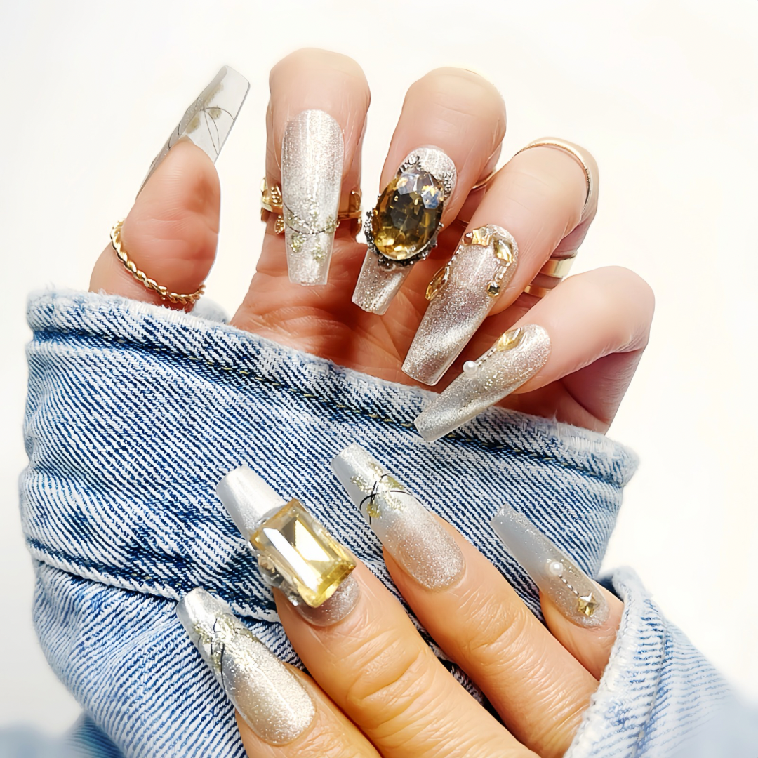 Luxury Moon Night Yellow Rhinestone  Cat Eyes Handmade Press on Nails 🖤 Long Coffin