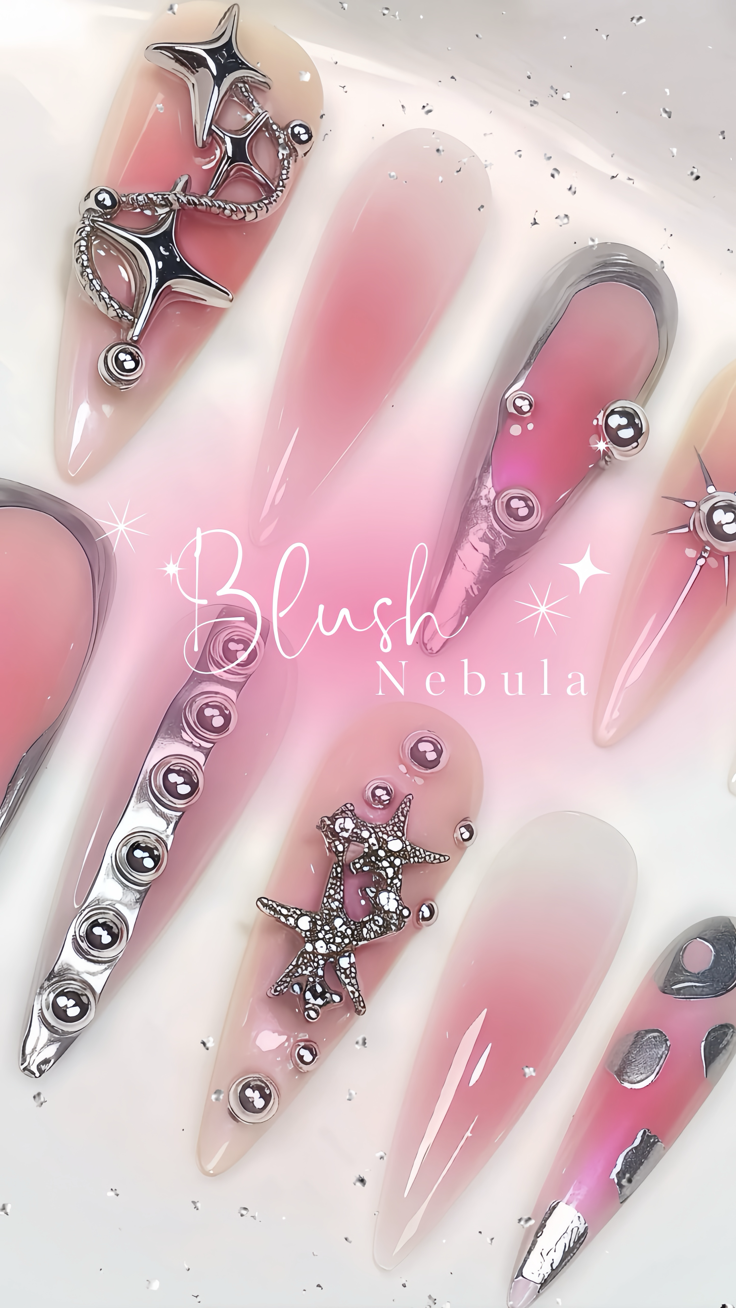 Blush Nebula Handmade Press-on Nails 🖤 Long Almond