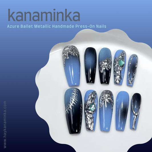 Azure Ballet Metallic Handmade Press-on Nails ♥ Long Coffin