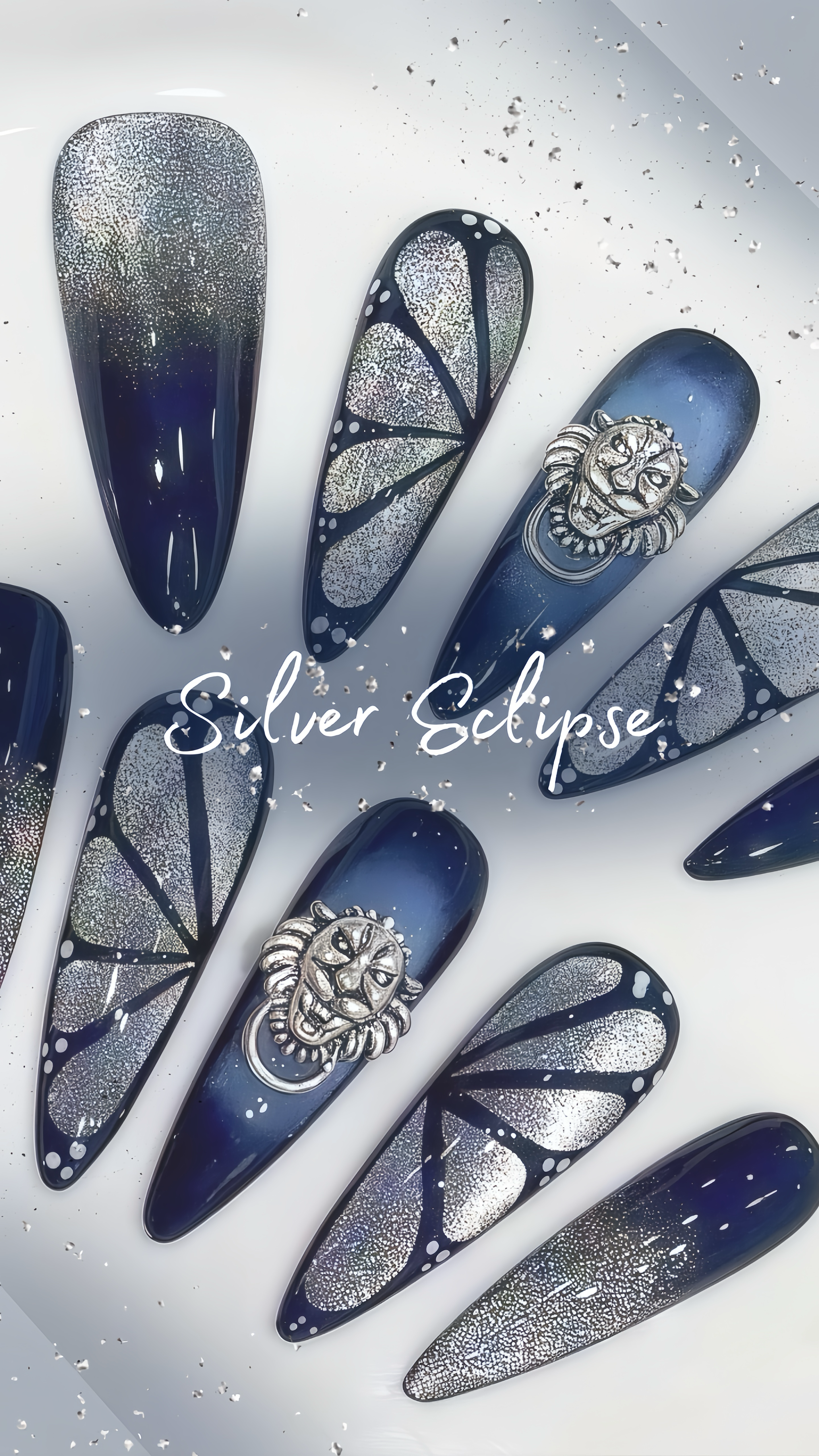 Silver Eclipse Handmade Press-on Nails 🖤 Long Almond